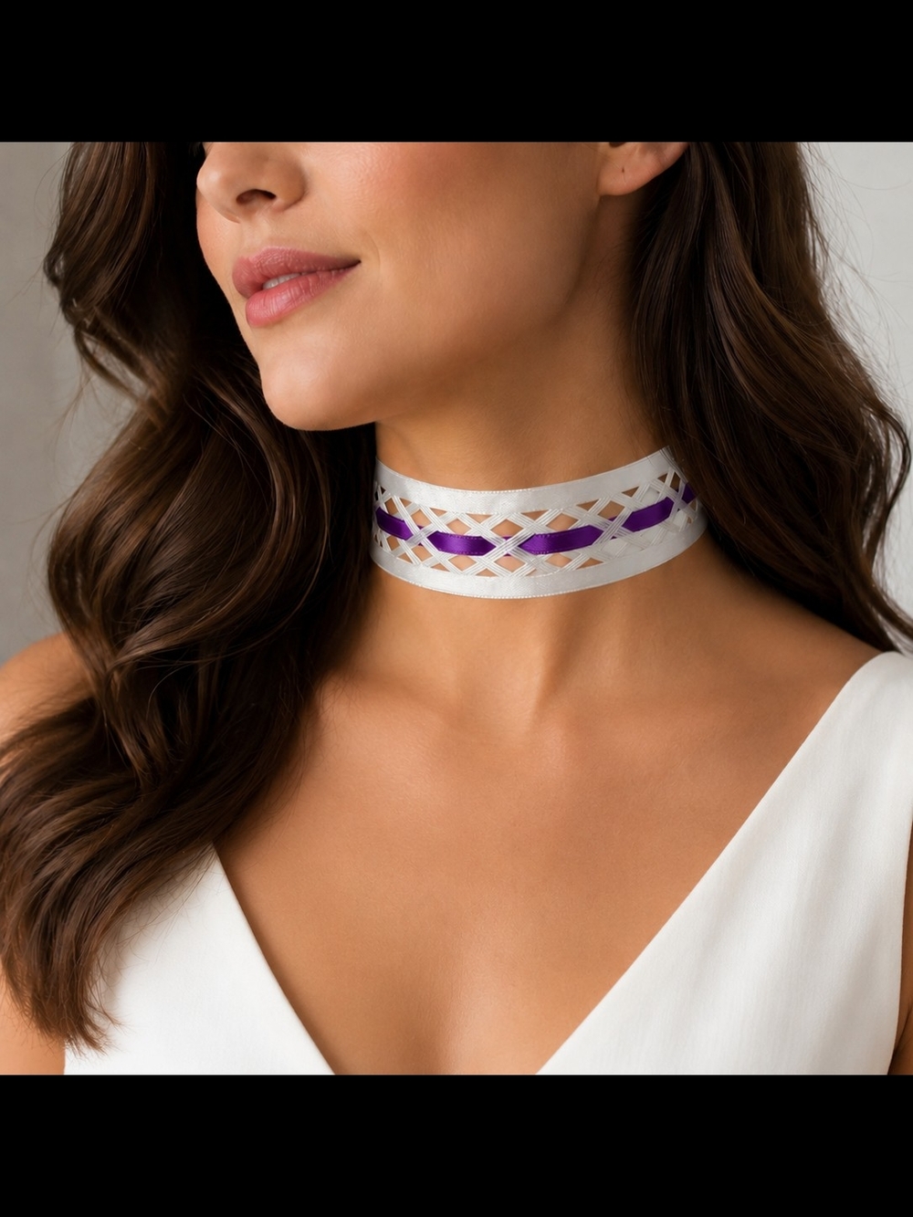 White and Purple Ribbon Lattice Choker Necklace